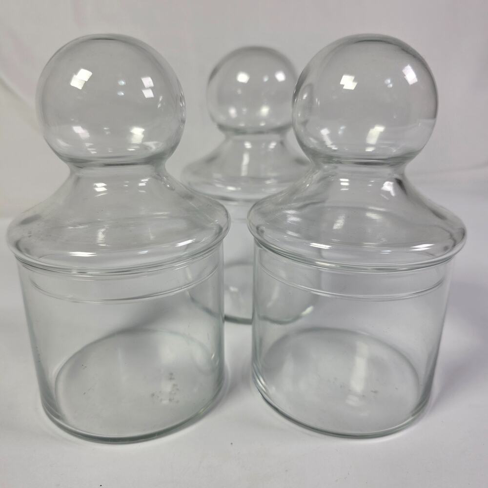 Vintage Clear Glass Apothecary Jars Ball Lid Canisters Candy Storage Set of 3